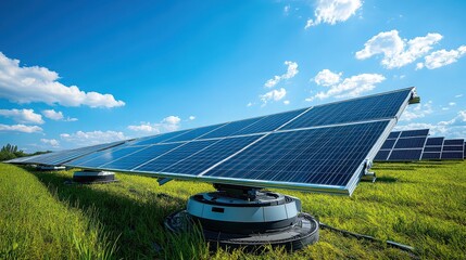Solar panels on a green field under a blue sky, renewable energy