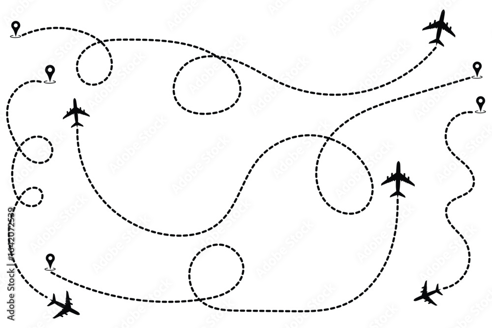 Airplane Plane routes line set. Planes dotted flight pathway. Plane ...