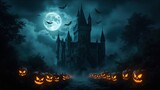 A spooky castle with many Halloween carved pumpkins, jack-o'-lanterns, and bats in the sky under a full moon, with a foggy and mystical atmosphere. Concept of a scary holiday