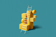 © Yaroslav Danylchenko/Stocksy - Paper ladder leaning on yellow shapes over teal base