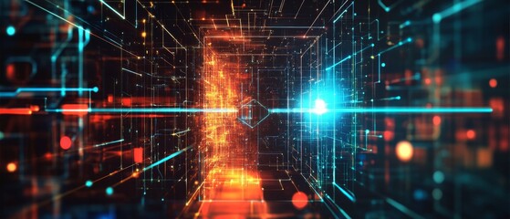 Abstract digital network background with glowing lines and dots in orange and blue.