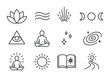 © MarryBerry - Spiritual Icon Set. Outline icon set of spiritual awakening: lotus icon, calm wave, energy lines, moon phases,