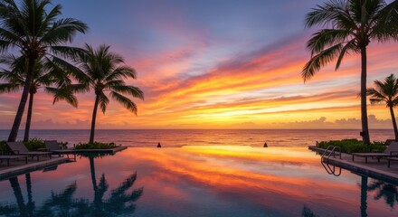 Wall Mural - A serene infinity pool reflects a vibrant sunset sky with palm trees silhouetted against the horizon over the ocean.