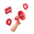 © simohamed - 3d cartoon hand holding loudspeaker vector illustration. Customer attraction. Social media marketing