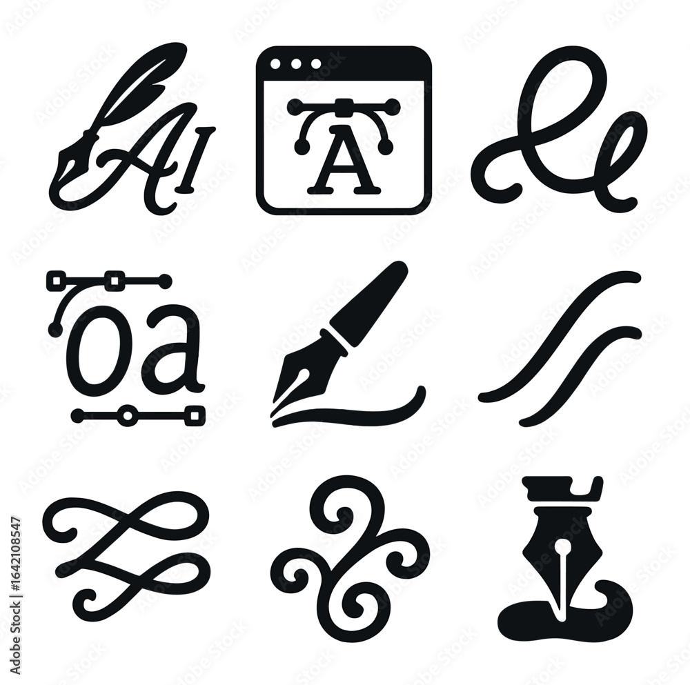 Vector de Stock AI Calligraphy Icons. Flat icon set of AI calligraphy ...
