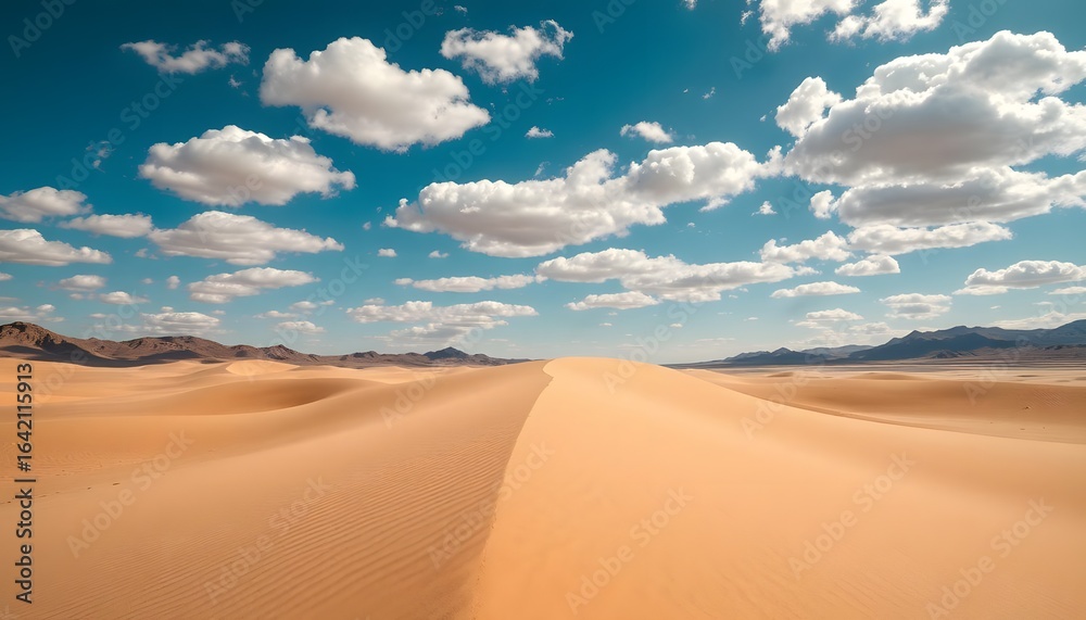 "Vast Desert with Golden Sand Dunes and Rocky Horizon Under a Bright ...
