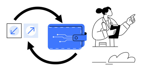 Poster - Digital wallet with circuit lines, circular arrows for transaction flow, doctor holding clipboard. Ideal for finance, health tech, e-wallets, secure payment, innovation, digital transformation