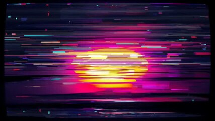 Wall Mural - Vibrant digital glitch animation of bright neon sunset with horizontal pixel distortion.