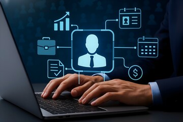 Customer big data analysis and marketing strategy. Targeted customer profiling and behavioral analysis. Analyst using laptop computer to analyze customer data