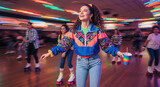 A happy young woman in vibrant 80s attire is roller skating while holding a colorful cup, enjoying a lively night out with friends at a retro rink