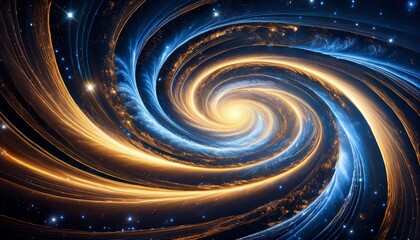 cosmic whirlpool nebula blue and gold space dust swirl in spiral dark background with glowing stars and nebula clouds
