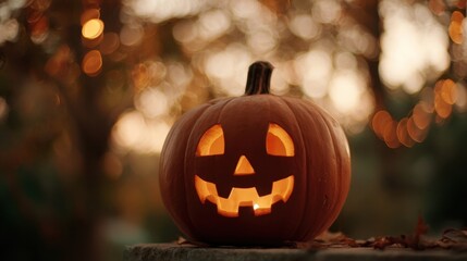 Wall Mural - Carved pumpkin with a glowing face resting on a stone surface, surrounded by blurred autumn foliage and twinkling lights, creating a warm, spooky halloween atmosphere