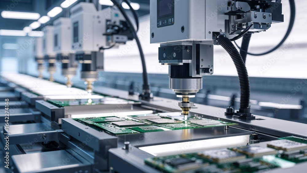 Electronic Component Assembly Line A close-up of an automated circuit board assembly line in a clean ...