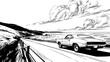 © Ilham Fathony - A sleek car travels a winding mountain highway, a fast automobile in a snowy landscape, hand drawn comic style black and white illustration