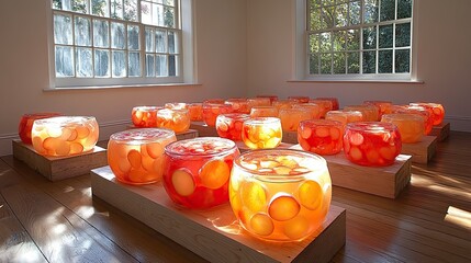 Illuminated Glass Vessels in Harmonious Arrangement Displayed Near a Window Space