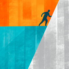 Person walking on a colorful abstract background in a creative design