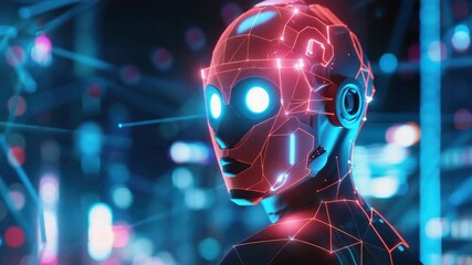 Wall Mural - Illuminated cybernetic humanoid in digital environment