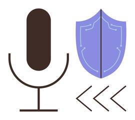 Poster - Microphone and technology-inspired shield with arrows. Ideal for communication, cybersecurity, privacy, data protection, technology, voice recognition, simple flat metaphor