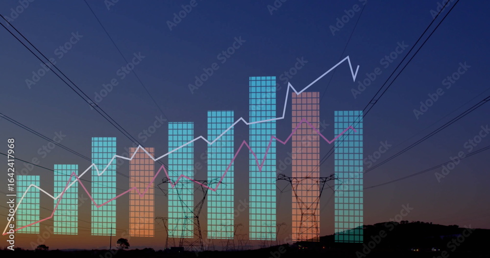 Displaying bar chart overlay and line graphs rising above rural dusk ...