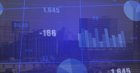 Wall Mural - Displaying grid overlay on downtown skyline, with floating numeric indicators and chart segments