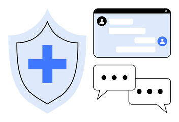 Poster - Blue healthcare shield symbol alongside chatbox with user icon and speech bubbles. Ideal for health tech, cybersecurity, medical support, online safety, communication platforms, secure data