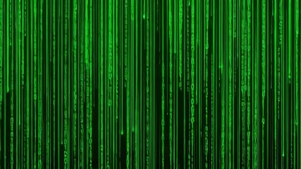 Abstract digital rain background with green binary code cascading down the screen creating a futuristic cyber space