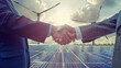 © Domingo - Business handshake with solar panels backdrop symbolizing renewable energy deals, corporate partnerships and sustainable investment opportunities in green technology sector.