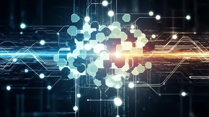 Abstract digital network of glowing nodes and circuits