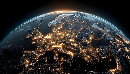 Wall Mural - A stunning view of Earth from space, showcasing the intricate patterns of city lights against the backdrop of the night sky.