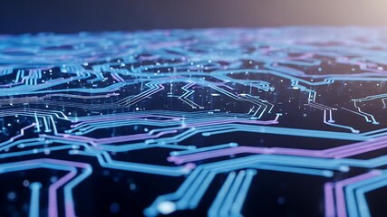 Closeup of a digital circuit board with glowing blue and purple lines