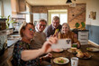 © Marko Geber - Group of happy senior friends taking a selfie during lunch at home