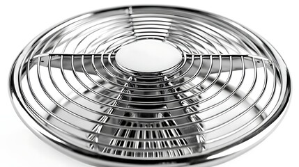Electric fan facing forward on white background, mirrorless camera 35mm lens focusing on blade texture and circular grille with diffused studio light