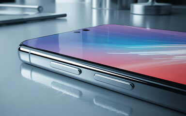 Close up of silver smartphone side with colorful screen display