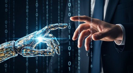 Human hand reaching towards a robotic arm in front of a binary code background in dark setting