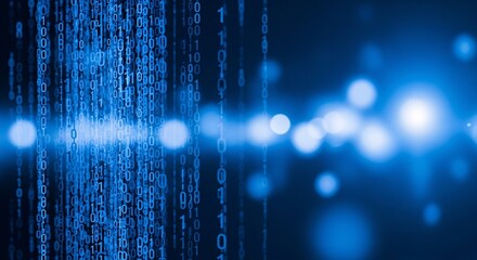 Streaming binary code with bokeh lights in blue tones for a digital background design element