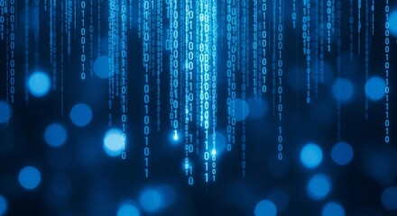 Blue digital rain with bokeh effect and binary code falling down the screen in a dark environment