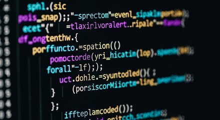 Closeup view of colorful computer code displayed on a dark screen with syntax highlighting