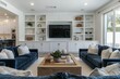 © JIALU - Modern farmhouse living room with built-in white cabinets, TV unit, and blue velvet sofas in sunlit Southern California home