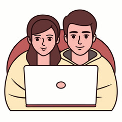 Happy young couple sitting together with a laptop computer, isolated on white background vector