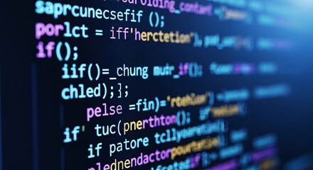 Close up of a computer screen displaying lines of colorful code with syntax highlighting