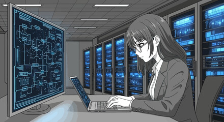 Anime style server room illustration featuring focused female engineer coding