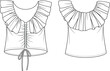 © Nur-Nobin Creations - Fashion flat sketch of women’s off shoulder ruffle top with drawstring front and back view, detailed cad illustration design