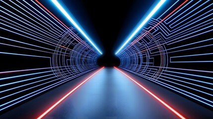 Wall Mural - the image shows a futuristic tunnel with neon blue and red lights and a geometric design, creating a