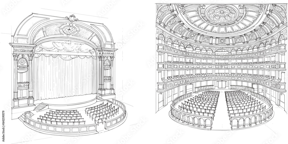 Classic theater interior sketch, detailed opera house drawing, vintage ...