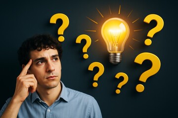 Wall Mural - thoughtful man surrounded by question marks and glowing light bulb on dark background symbolizing id