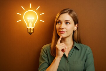 Wall Mural - woman thinking with glowing light bulb symbolizing creative idea on brown background in business con