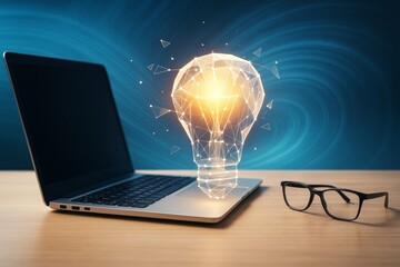 Wall Mural - glowing geometric light bulb emerging from laptop with eyeglasses on wooden desk, symbolizing innova