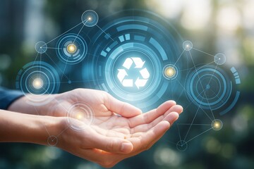 Wall Mural - hands holding holographic recycle icon with futuristic digital interface, symbolizing eco technology