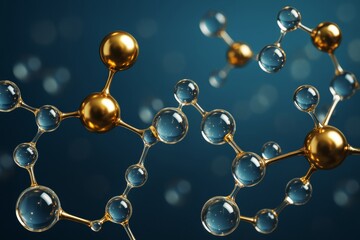 Wall Mural - abstract molecular structure with gold and transparent spheres on a dark blue background, scientific