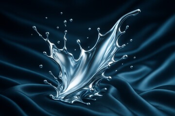 Wall Mural - abstract silver liquid splash with dynamic motion and fluid shapes on silky dark fabric background, 